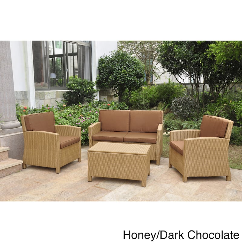 International Caravan Lisbon 4-Piece Patio Conversation Set with Cushions - honey/dark chocolate