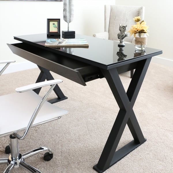 Shop 48 Inch Black X Frame Computer Desk With Glass Top