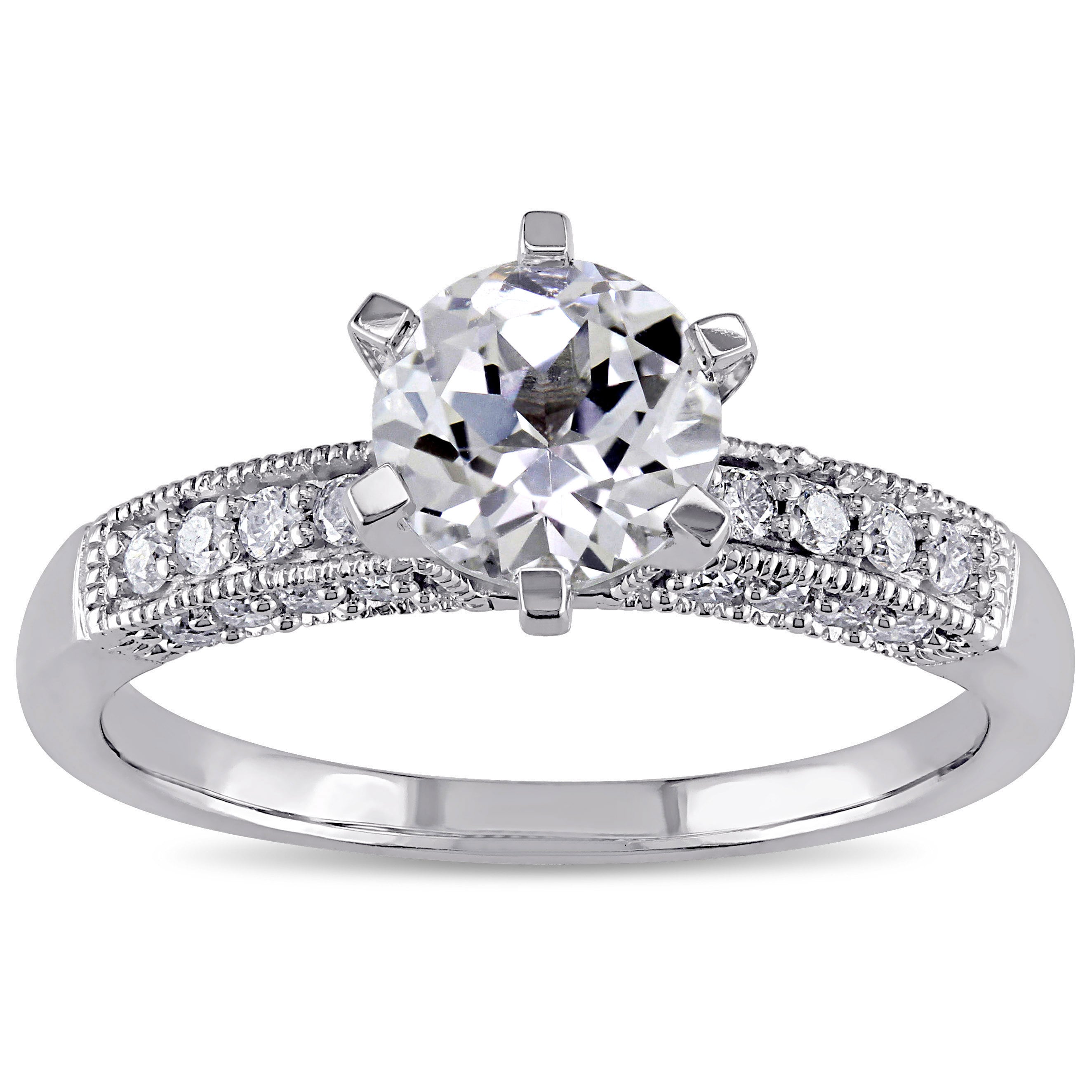 Miadora 10k White Gold Created White Sapphire and 1/4ct TDW Diamond Vintage Engagement Ring (G-H, I2