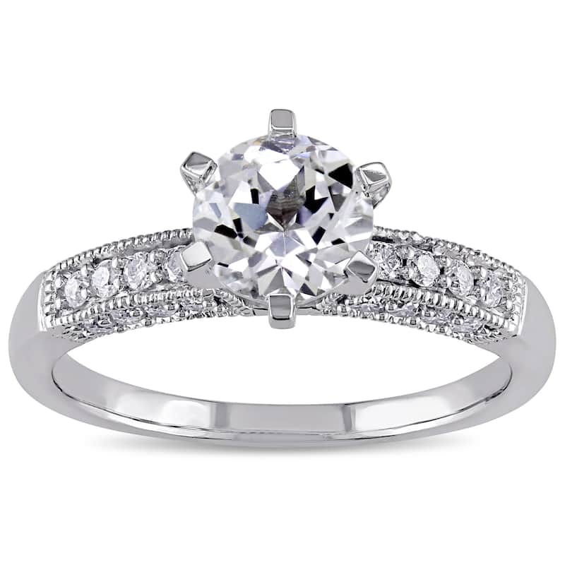 Miadora 10k White Gold Created White Sapphire and 1/4ct TDW Diamond Vintage Engagement Ring (G-H, I2 - 4