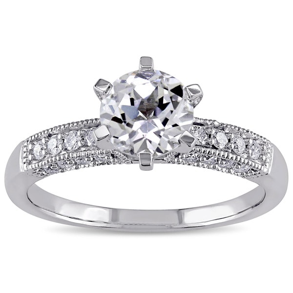 Miadora 10k White Gold Created White Sapphire and 1/4ct TDW Diamond Vintage Engagement Ring (G-H, I2
