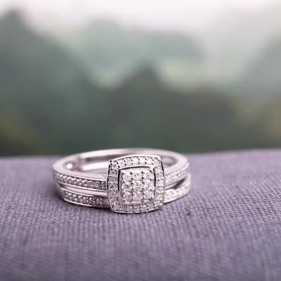 Miadora Sterling Silver 1/4ct TDW Diamond Halo Cluster Bridal Ring Set