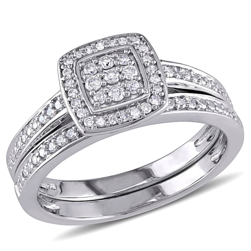 Miadora Sterling Silver 1/4ct TDW Diamond Halo Cluster Bridal Ring Set - 7