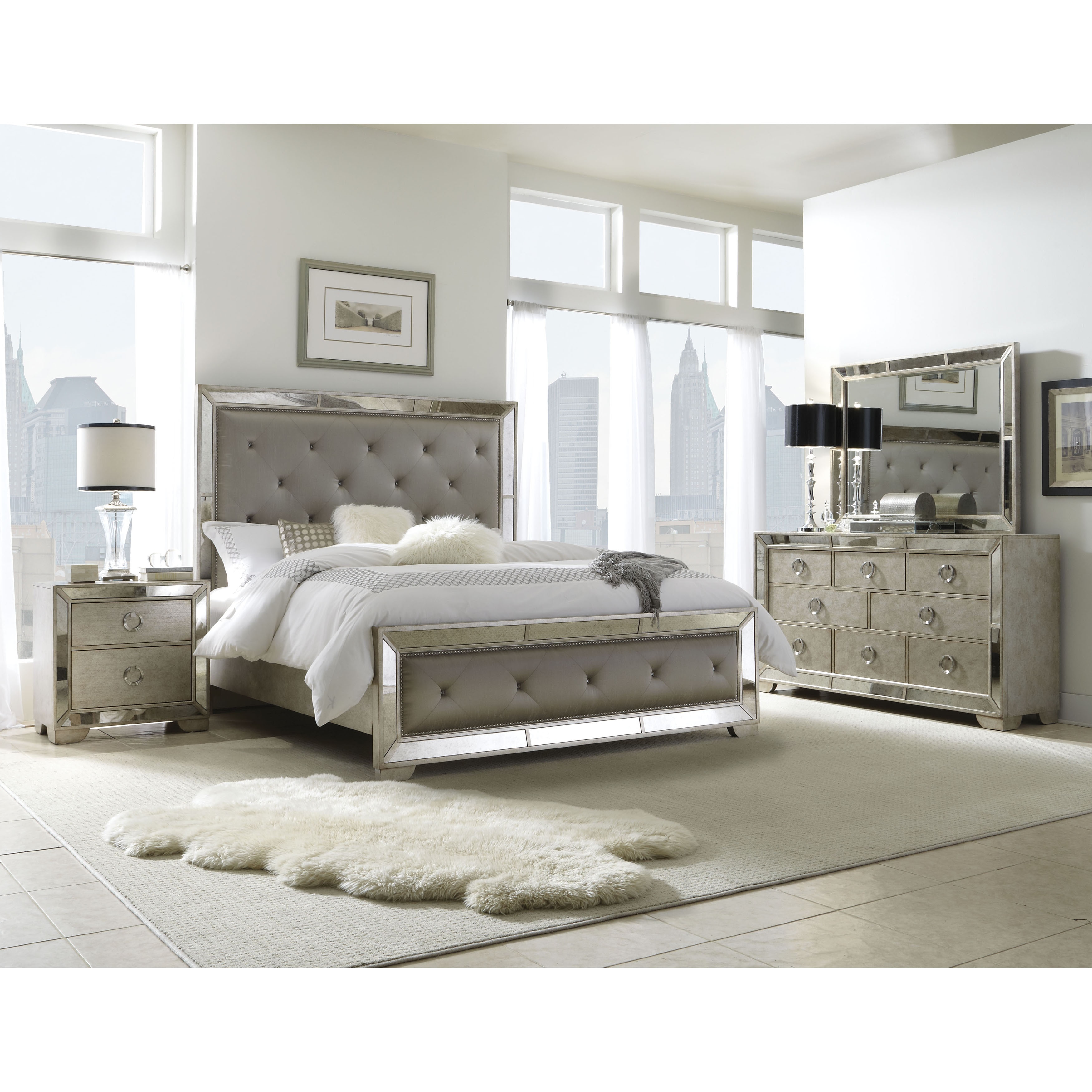 Celine 6 Piece Mirrored And Upholstered Tufted Queen Size Bedroom Set