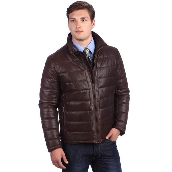 United Face Men's Brown Coated Leather Parka Puffer Jacket - Free ...