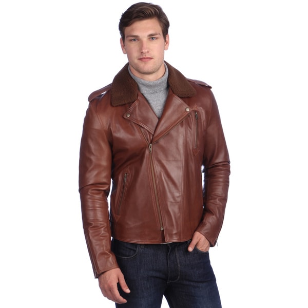 United Face Mens Brown Lamb Leather Biker Jacket   15709520