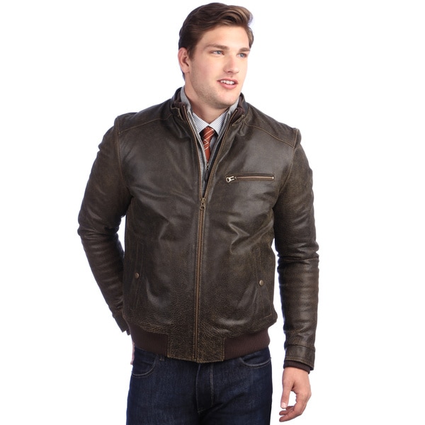 Shop United Face Men's Brown Distressed Leather Stand Collar Bomber ...