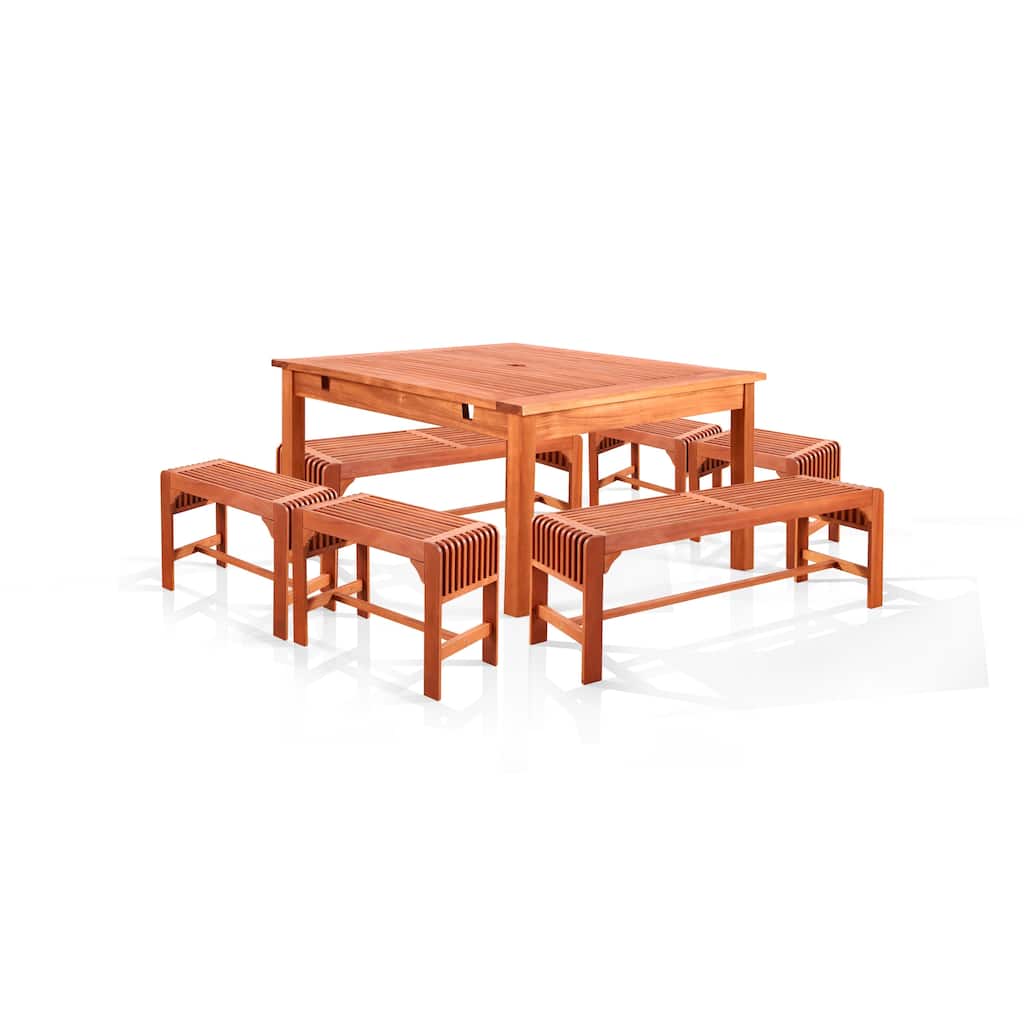 Benza Dining Set with Square Table, 2 Backless Benches and 4 Backless Chairs