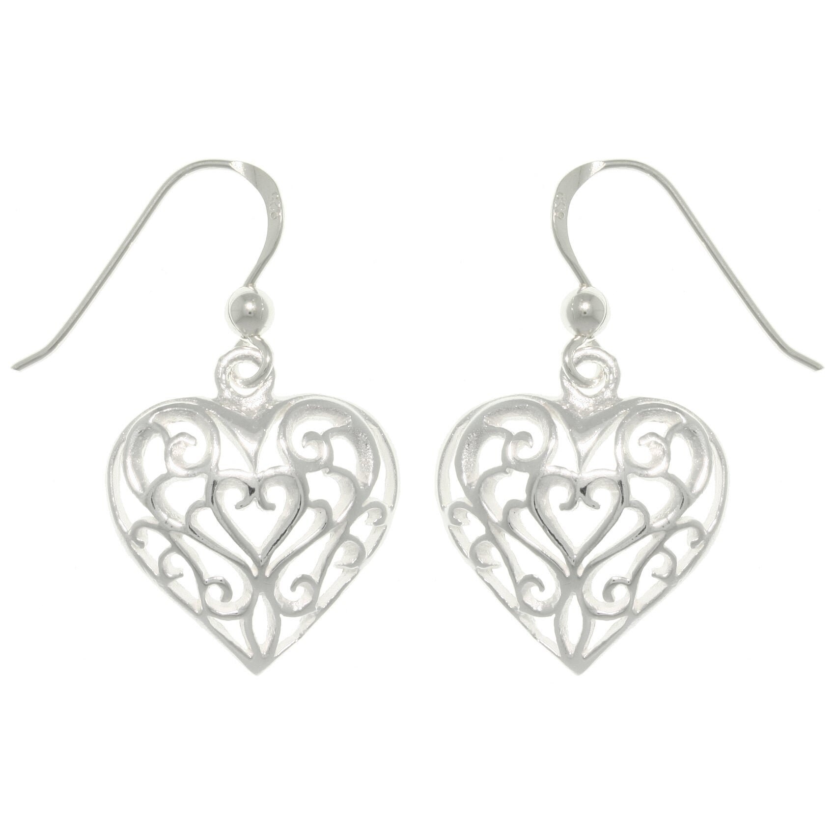 925 Sterling Silver Polished Filigree Heart Dangle Earrings