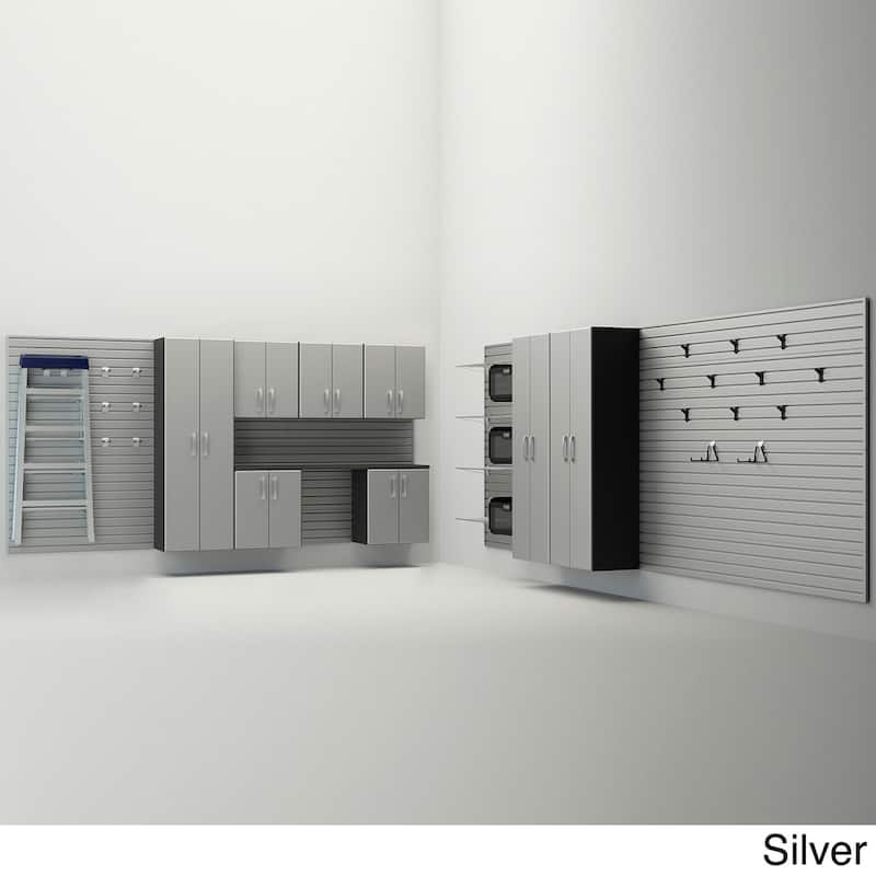 36 Piece Slatwall Panel, Cabinet, Hook, Bin, Shelf and Workstation Storage Set - Silver