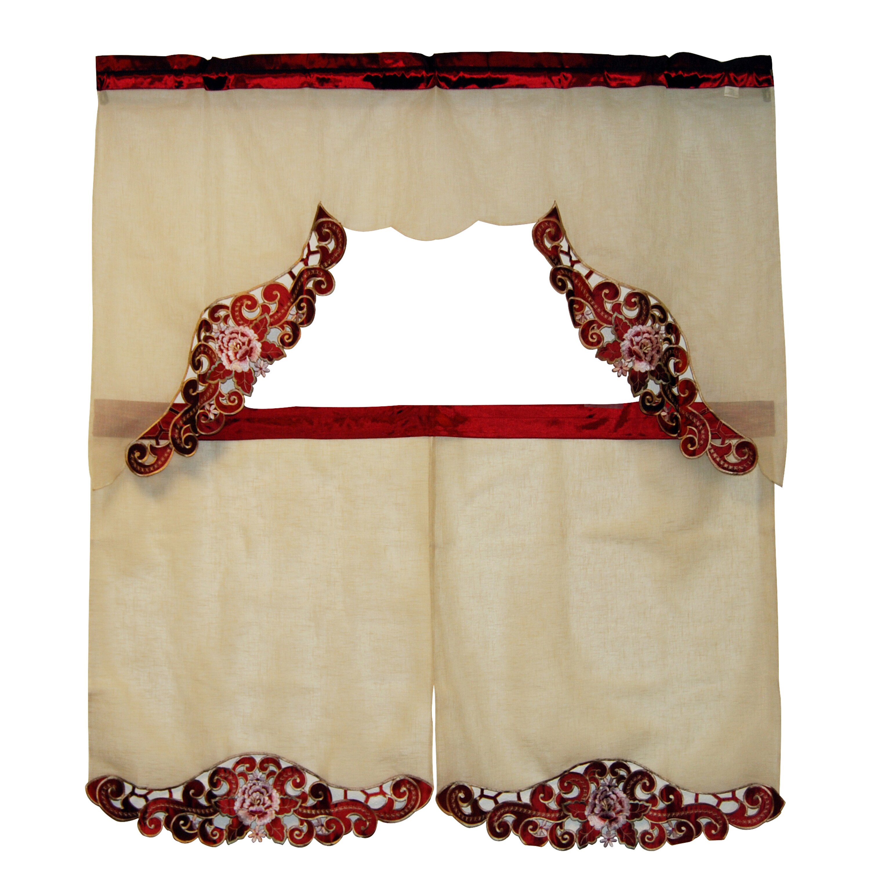 Shop Coral Lace Trim Tiered Curtain 3 Piece Set Free Shipping On