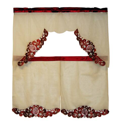 Coral Lace Trim Tiered Curtain 3-piece Set