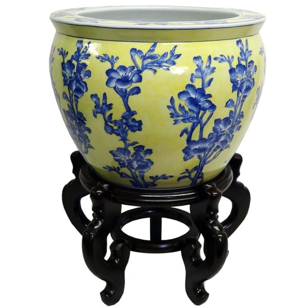 Blue and Yellow Floral Porcelain Fishbowl Planter with Stand