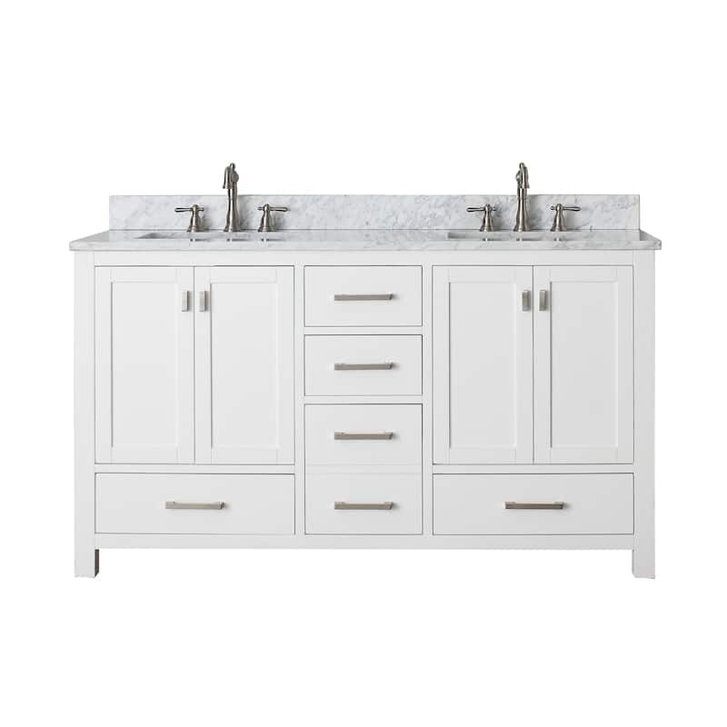 Avanity Modero 61-inch Double Vanity in White Finish with Dual Sinks and Top - Carrara White Marble Top