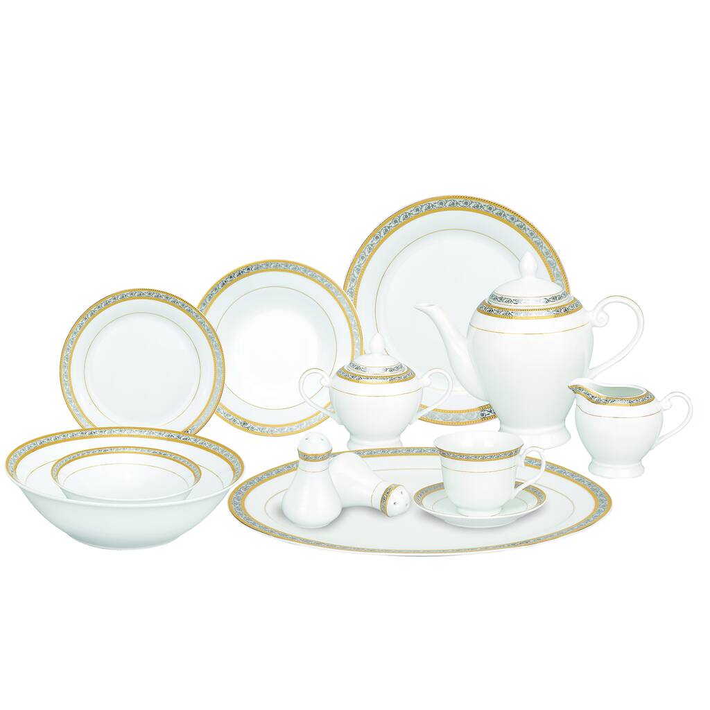 Silver and Gold Accent Porcelain Dinnerware Set of 54
