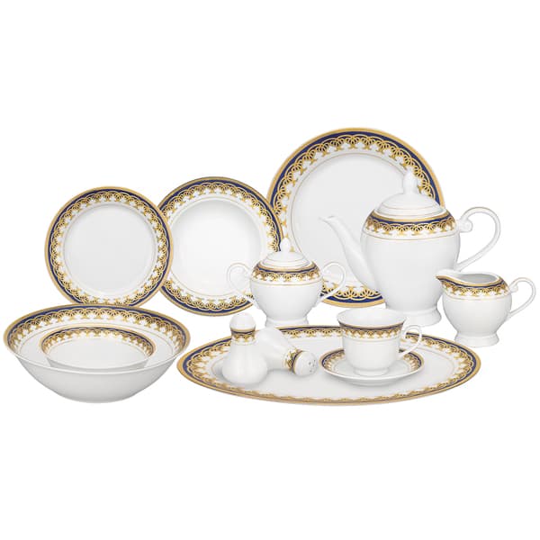 slide 2 of 6, Lorren Home Trends Gold and Blue Accent 57-piece Porcelain Dinnerware Set