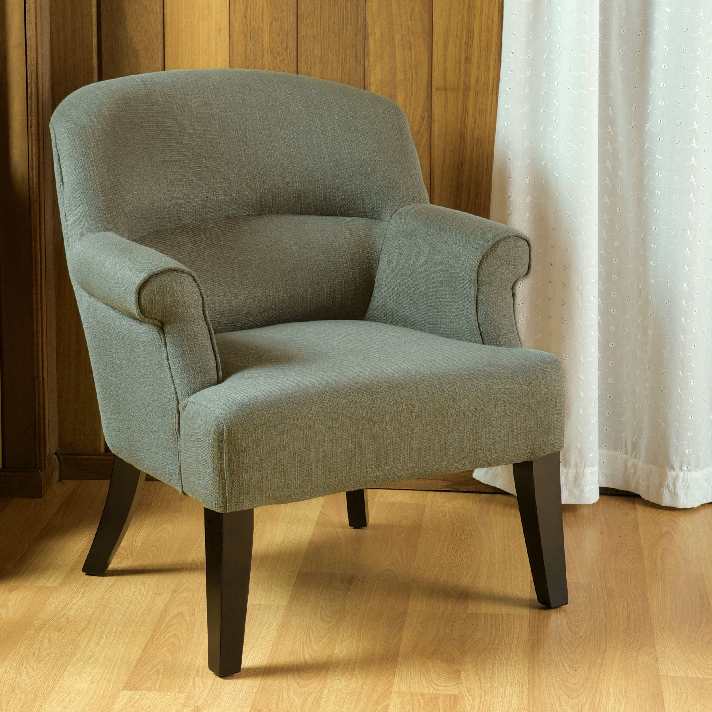 Christopher Knight Home Amelie Grey Fabric Club Chair (GreyFinish GreyFeatures Padded arm and backrestNo assembly RequiredSturdy constructionDimensions 33.47 inches high x 27.95 inches wide x 29.93 inches deepSeat dimensions 17.52 inches high x 26.18 