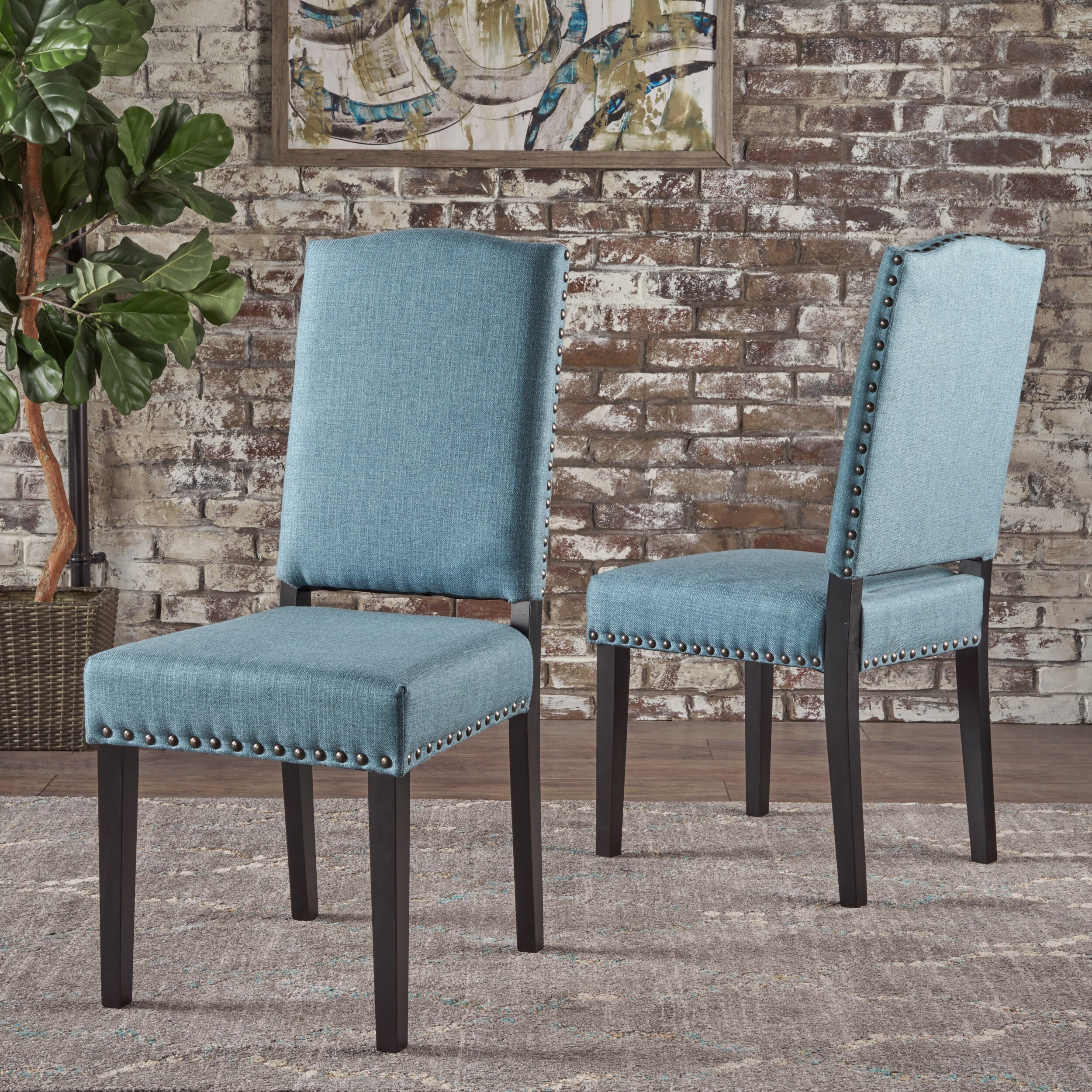 Brunello Armless Studded Fabric Dining Chairs in Blue by Christopher Knight Home Set of 2 As Is Item