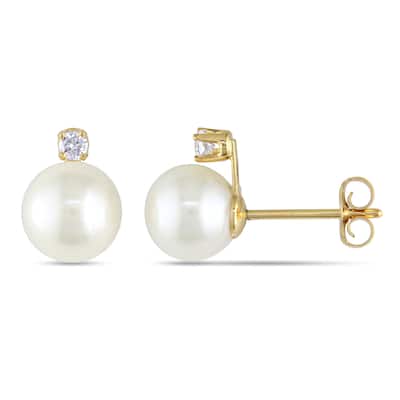 Miadora 14k Yellow Gold White Cultured Akoya Pearl and Diamond Stud Earrings (H-I, I1-I2) (6.5-7 mm)