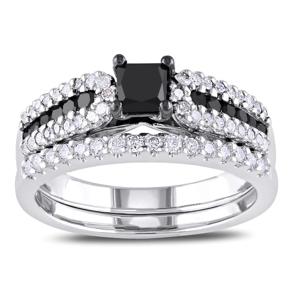 Miadora Sterling Silver 1ct TDW Black and White Diamond Ring Set (H I