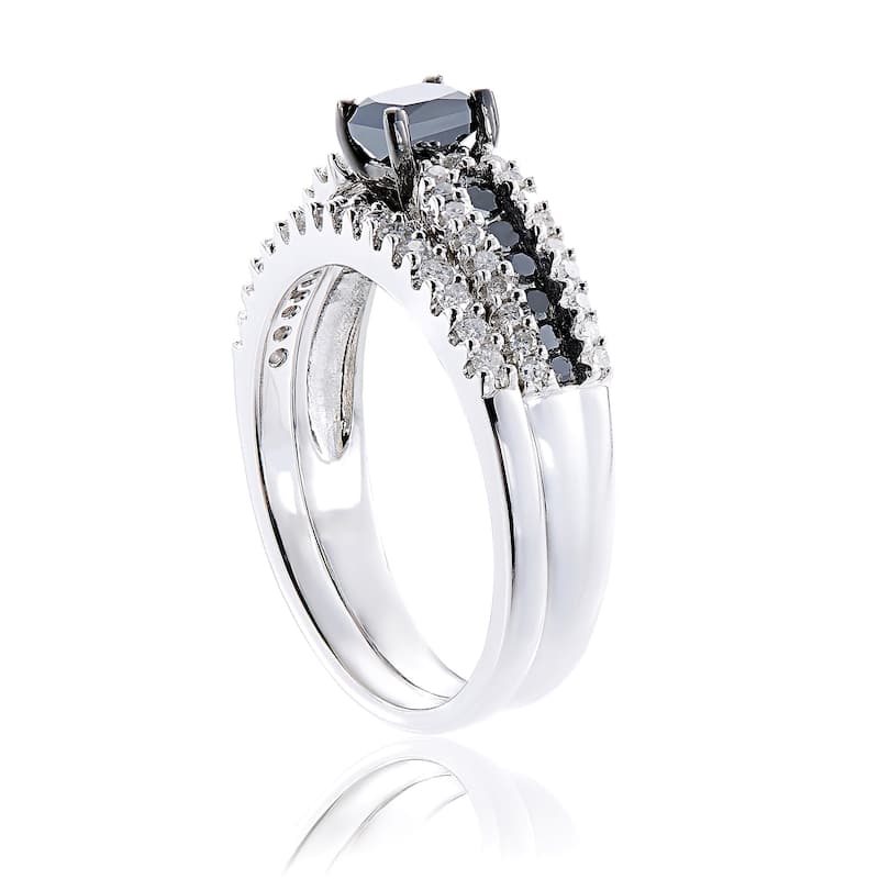 Miadora Sterling Silver 1ct TDW Black and White Diamond Ring Set