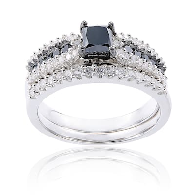 Miadora Sterling Silver 1ct TDW Black and White Diamond Ring Set