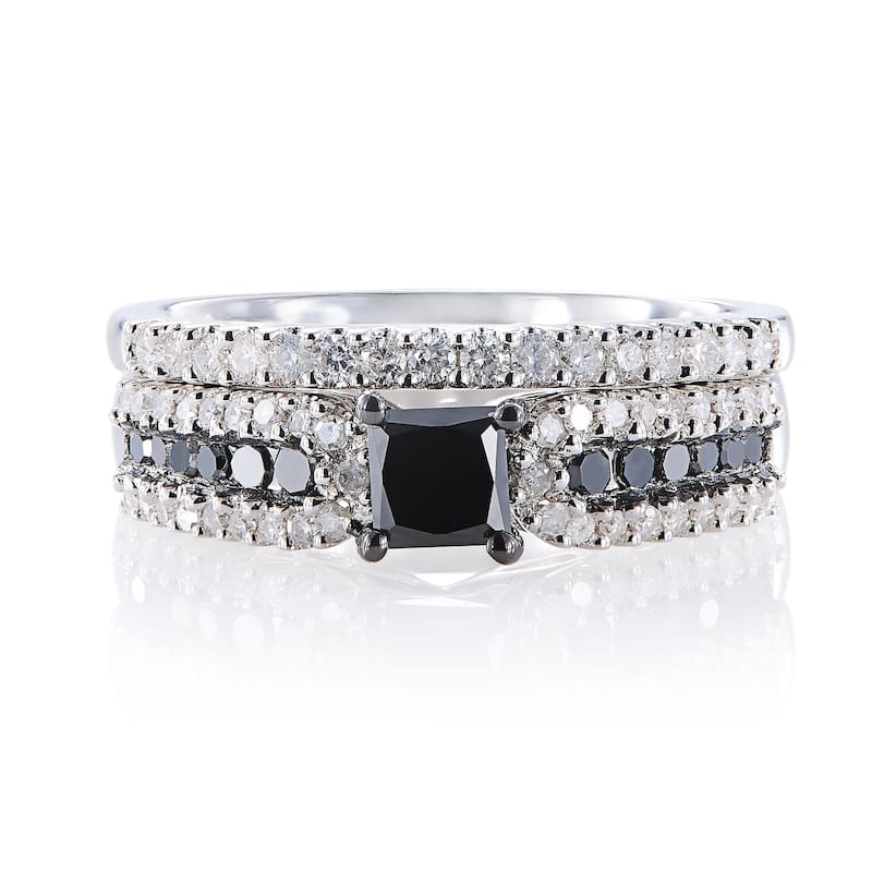 Miadora Sterling Silver 1ct TDW Black and White Diamond Ring Set