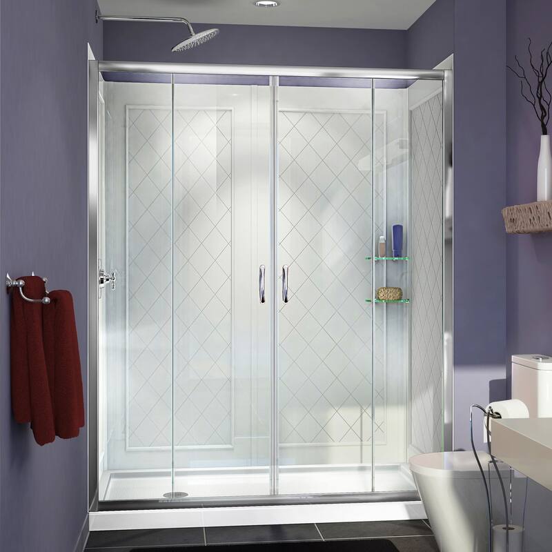 DreamLine Visions 32 in. D x 60 in. W x 76 3/4 in. H Sliding Shower Door, Shower Base and Backwall Kit - 32" x 60" - 32" x 60" - Chrome Finish - Left