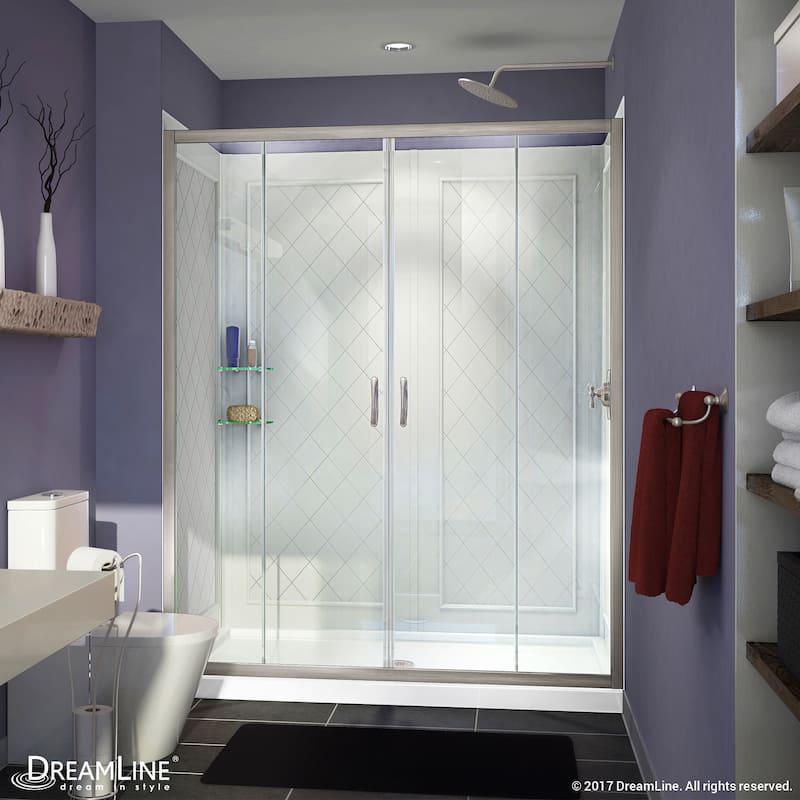 DreamLine Visions 32 in. D x 60 in. W x 76 3/4 in. H Sliding Shower Door, Shower Base and Backwall Kit - 32" x 60" - 32" x 60"