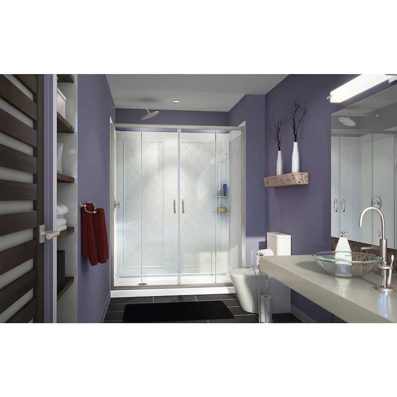 DreamLine Visions 32 in. D x 60 in. W x 76 3/4 in. H Sliding Shower Door, Shower Base and Backwall Kit - 32" x 60" - 32" x 60"