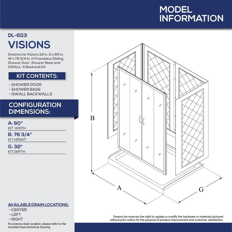 DreamLine Visions 32 in. D x 60 in. W x 76 3/4 in. H Sliding Shower Door, Shower Base and Backwall Kit - 32" x 60" - 32" x 60"