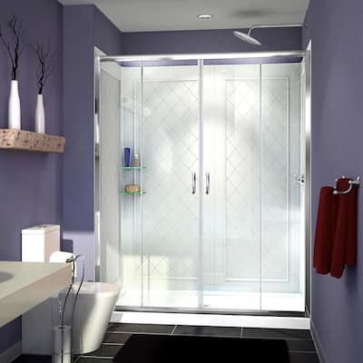 DreamLine Visions 32 in. D x 60 in. W x 76 3/4 in. H Sliding Shower Door, Shower Base and Backwall Kit - 32" x 60" - 32" x 60"