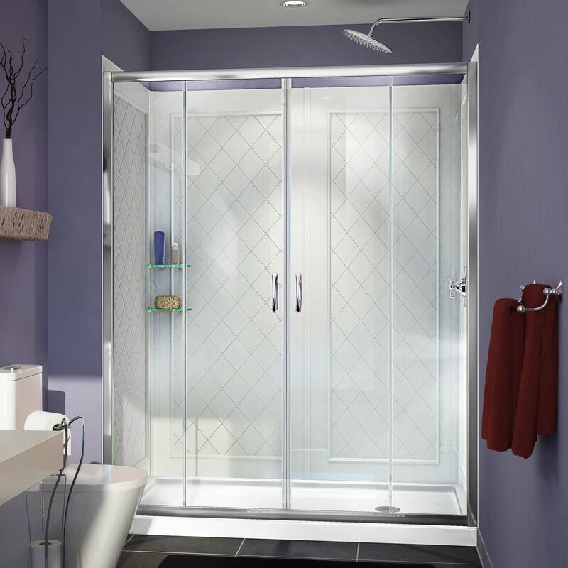 DreamLine Visions 32 in. D x 60 in. W x 76 3/4 in. H Sliding Shower Door, Shower Base and Backwall Kit - 32" x 60" - 32" x 60" - Chrome Finish - Right