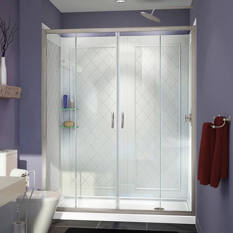 DreamLine Visions 32 in. D x 60 in. W x 76 3/4 in. H Sliding Shower Door, Shower Base and Backwall Kit - 32" x 60" - 32" x 60" - Brushed Nickel Finish - Right