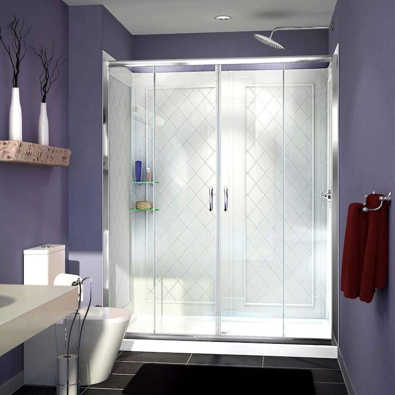DreamLine Visions 32 in. D x 60 in. W x 76 3/4 in. H Sliding Shower Door, Shower Base and Backwall Kit - 32" x 60" - 32" x 60"
