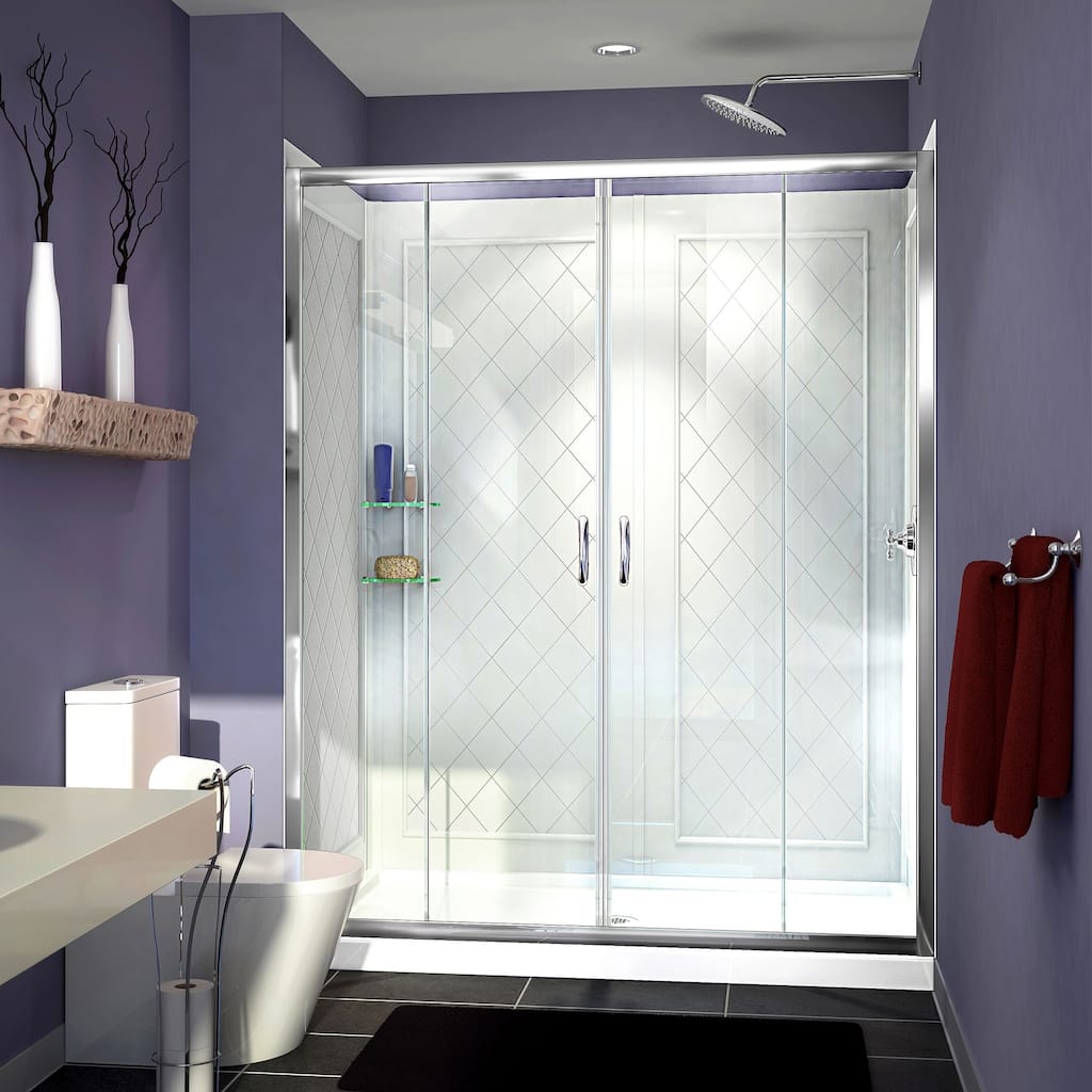 DreamLine Visions 32 in. D x 60 in. W x 76 3/4 in. H Sliding Shower Door, Shower Base and Backwall Kit - 32" x 60" - 32" x 60"