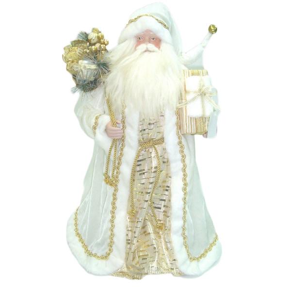 White/Gold Fabric Robe Vintage Santa Standing Holding Presents and Gift ...