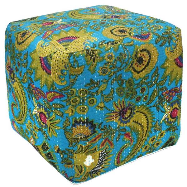 Shop Aqua Kantha Pouf Ottoman (India) Free Shipping Today Overstock