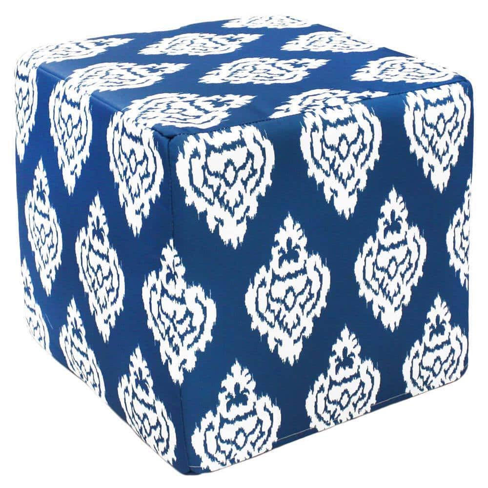 Handmade Deep Blue Damask Outdoor Pouf Ottoman (India)