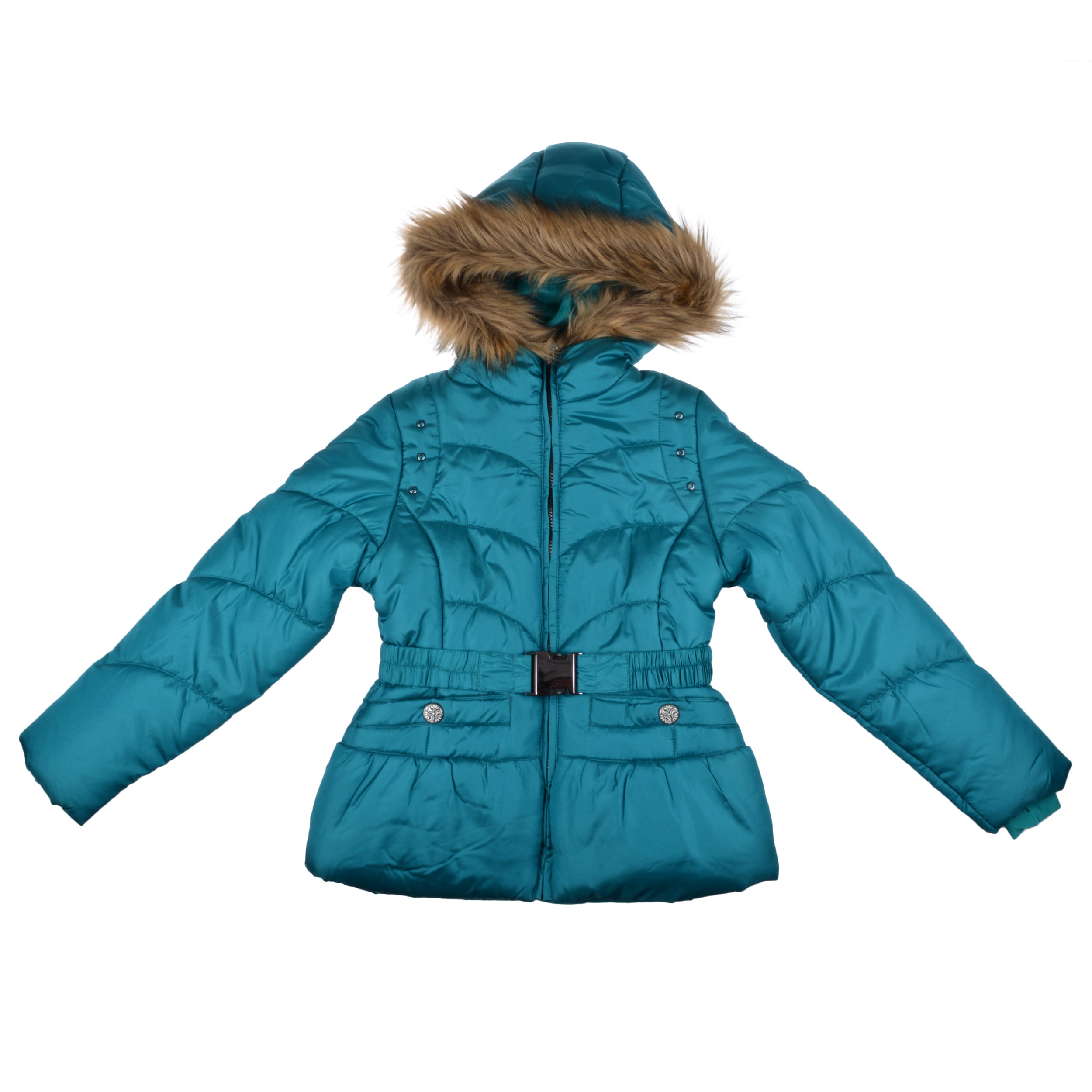 London Fog Girls Teal Fleece lined Faux fur trim Bubble Jacket