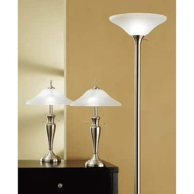 Artiva USA 3-piece 71-inch Torchiere and 24-inch Table Lamps with a Brushed Steel Finish and Quality Hammered Glass Shades