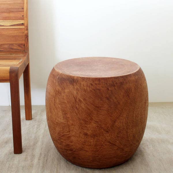 Haussmann Handmade Mango Wood Pouf Stool Table 20 in D x 18 in H (16 T x 14 B) Light Teak Oil