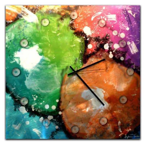 slide 2 of 3, Colorful Abstract Clock 'Radioactive' Neon Paint-Splatter Metal Wall Clock
