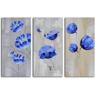 'Flighty blue florals' 3-piece Hand Painted Canvas Art - - 8441209
