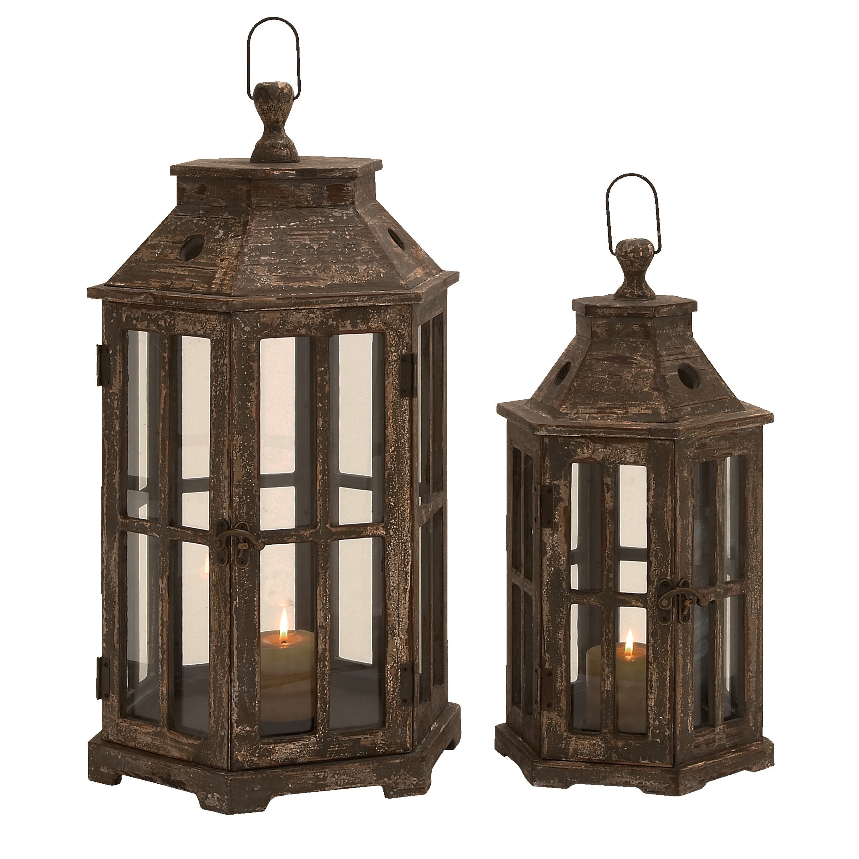 San Francisco Weathered Wood Hexagonal Lantern Set of 2 (BrownCare Wipe with a soft dry clothVented topsHandles for transportingLanterns have hinged doorsEach holds candlesticks or pillar candles (not included)Dimensions 24.5 inches high x 12 inches wid