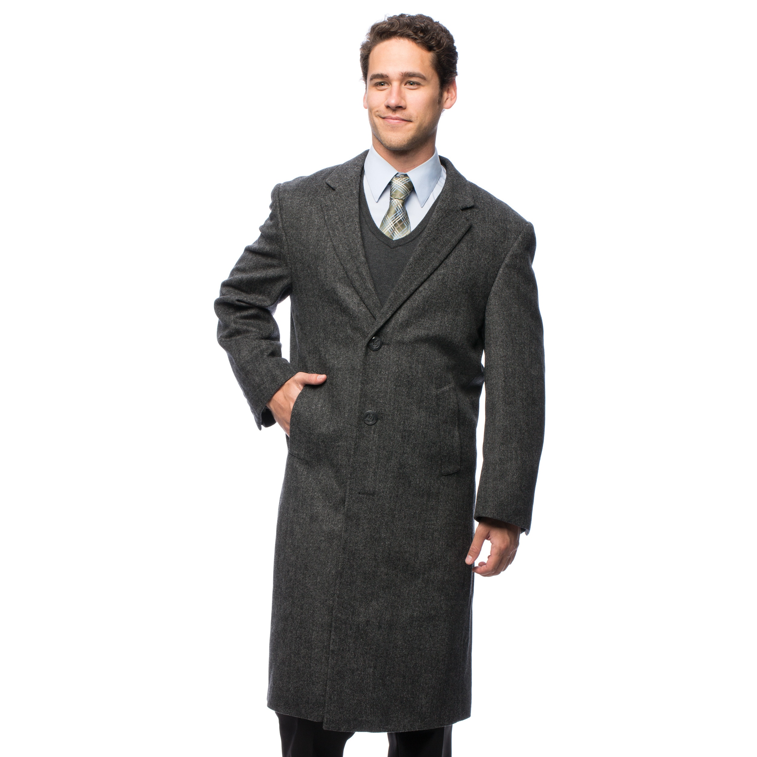 Pronto Moda Pronto Moda Mens Harvard Grey Herringbone Cashmere Blend Long Top Coat Grey Size 38R