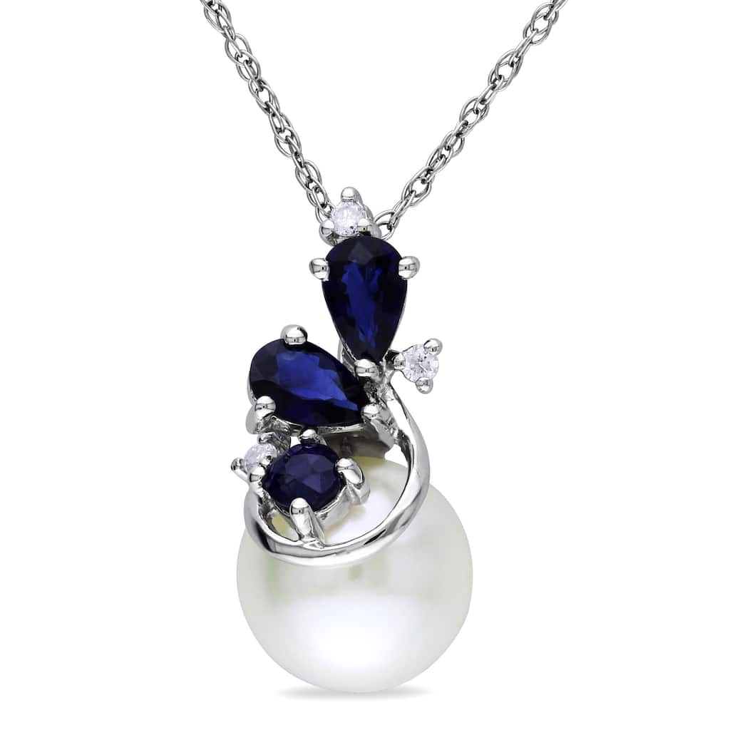 Miadora 10k White Gold Cultured Freshwater Pearl, Sapphire and Diamond Necklace (H-I, I2-I3) (8.5-9 mm)