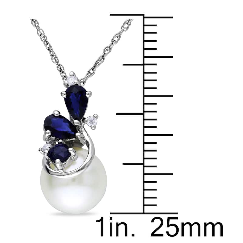 Miadora 10k White Gold Cultured Freshwater Pearl, Sapphire and Diamond Necklace (H-I, I2-I3) (8.5-9 mm)