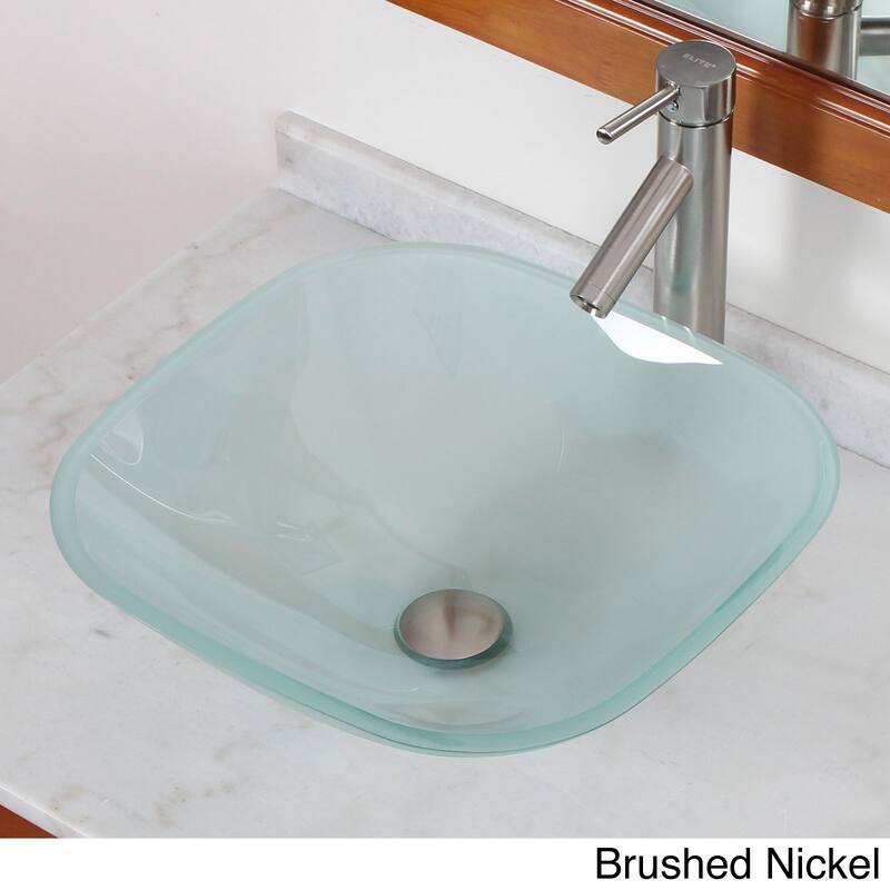 Elite Frosted Square Tempered Glass bathroom Sink with Faucet Combo - Brushed Nickel Finsh Faucet+Sink