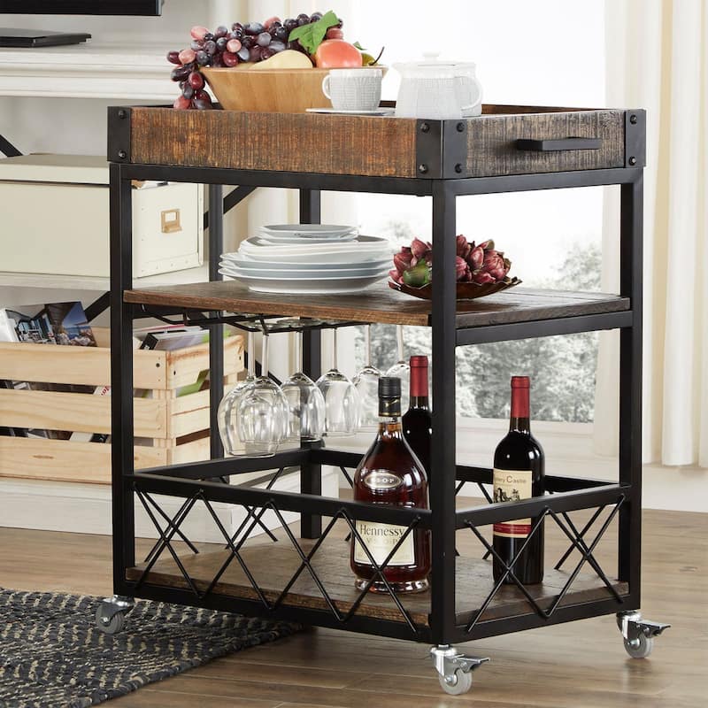 Myra Rustic Serving Cart with Wine Inserts and Removable Tray Top by iNSPIRE Q Classic